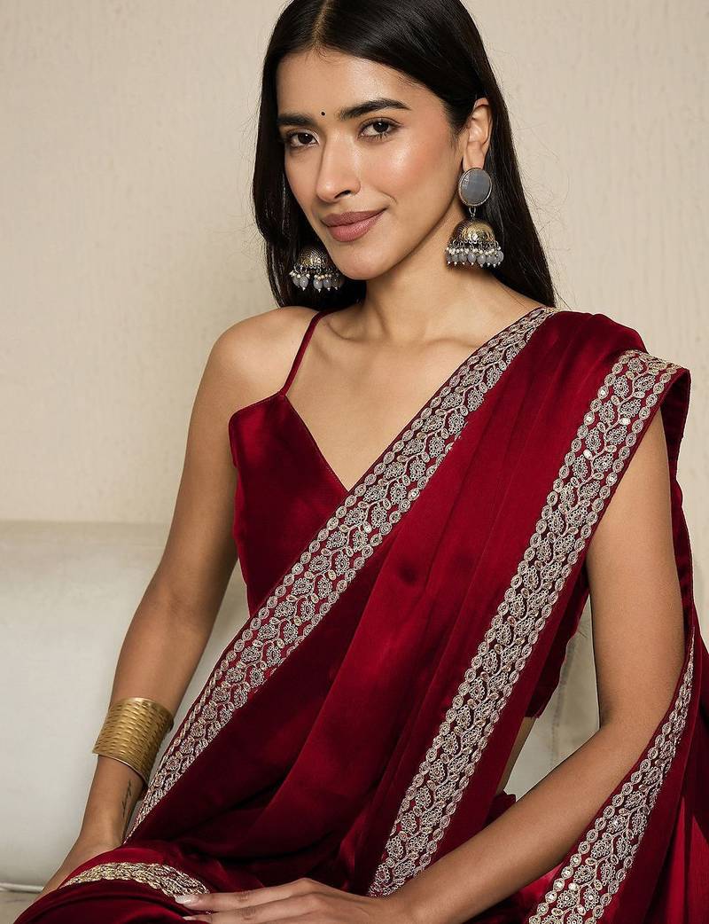 Maroon embroidered satin saree