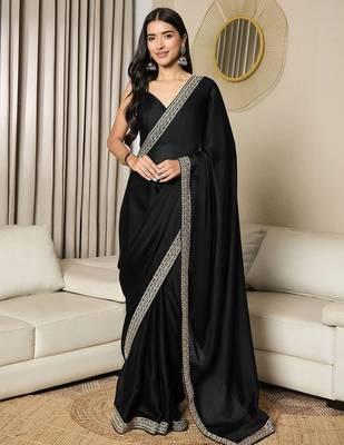 black sequinned satin ready to wear saree 1