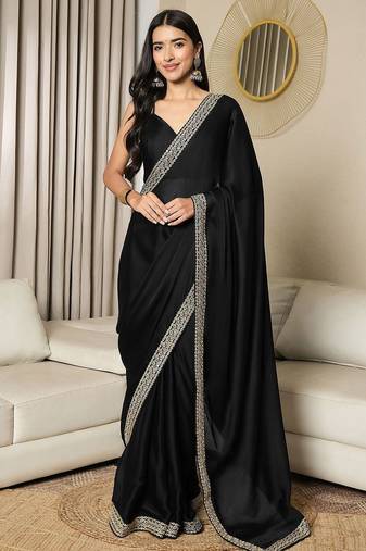 black sequinned satin ready to wear saree