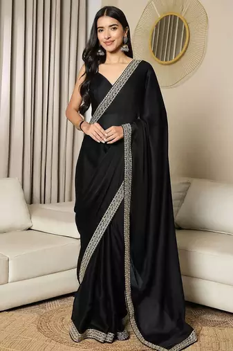 black sequinned satin ready to wear saree