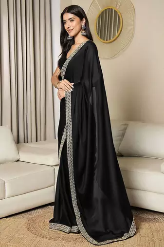 black sequinned satin ready to wear saree