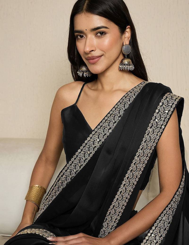 black sequinned satin ready to wear saree