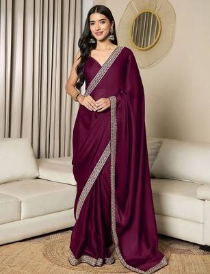 Green embroidered satin saree 1