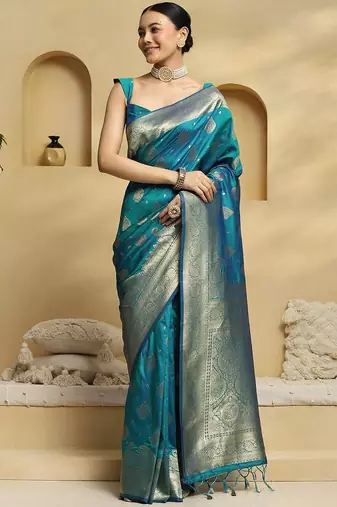teal ethnic motifs woven design zari soft silk banarasi saree