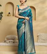 teal ethnic motifs woven design zari soft silk banarasi saree