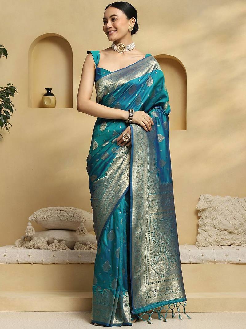 teal ethnic motifs woven design zari soft silk banarasi saree
