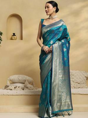 teal ethnic motifs woven design zari soft silk banarasi saree 2