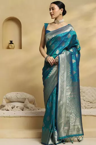teal ethnic motifs woven design zari soft silk banarasi saree