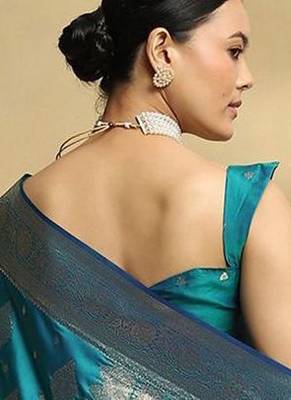 teal ethnic motifs woven design zari soft silk banarasi saree 3