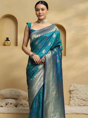 teal ethnic motifs woven design zari soft silk banarasi saree 4