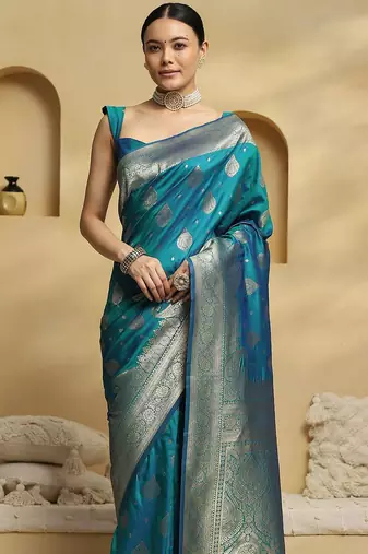 teal ethnic motifs woven design zari soft silk banarasi saree