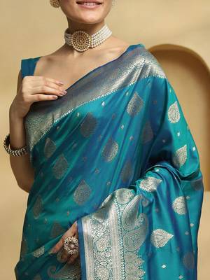 teal ethnic motifs woven design zari soft silk banarasi saree 5