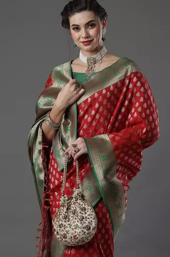 red woven design zari silk blend banarasi saree