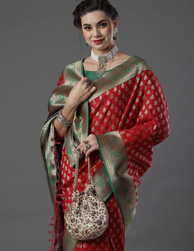 red woven design zari silk blend banarasi saree