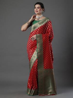 red woven design zari silk blend banarasi saree 2