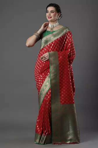 red woven design zari silk blend banarasi saree
