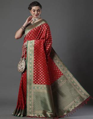 red woven design zari silk blend banarasi saree 3