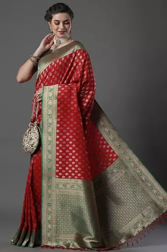 red woven design zari silk blend banarasi saree
