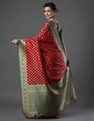 red woven design zari silk blend banarasi saree 4