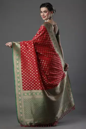 red woven design zari silk blend banarasi saree