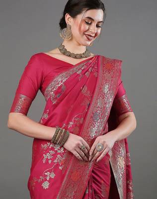 pink woven design zari silk blend banarasi saree 1