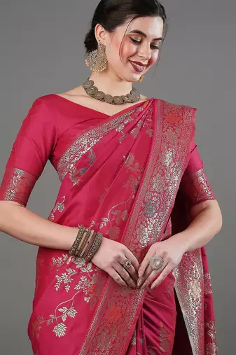 pink woven design zari silk blend banarasi saree