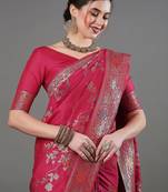 pink woven design zari silk blend banarasi saree