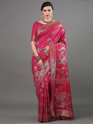pink woven design zari silk blend banarasi saree 2
