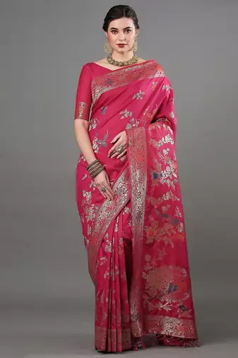 pink woven design zari silk blend banarasi saree