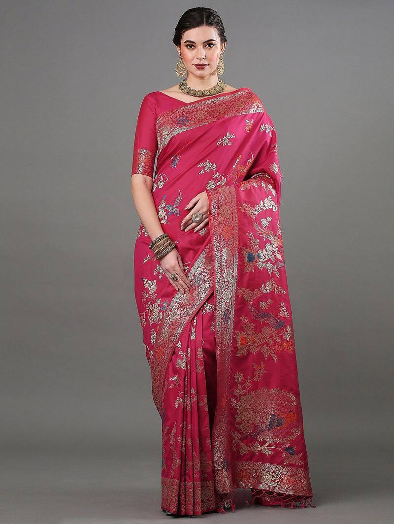 pink woven design zari silk blend banarasi saree