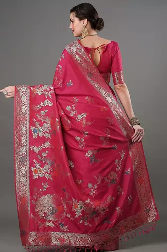 pink woven design zari silk blend banarasi saree