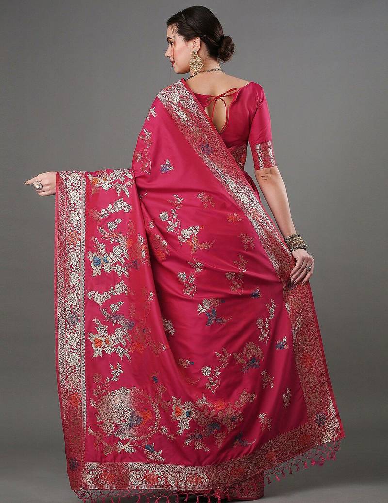 pink woven design zari silk blend banarasi saree