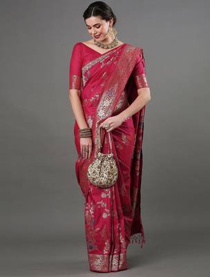 pink woven design zari silk blend banarasi saree 4