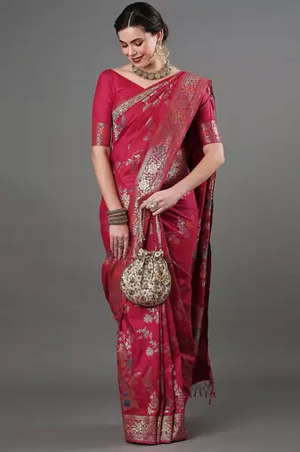 pink woven design zari silk blend banarasi saree