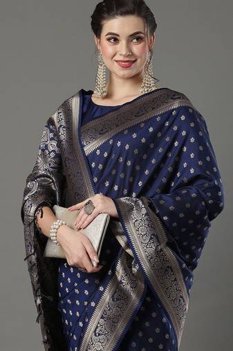 navy_blue woven design zari silk blend banarasi saree