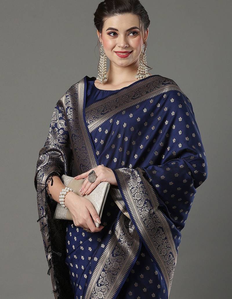 navy_blue woven design zari silk blend banarasi saree
