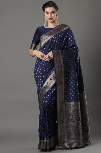 navy_blue woven design zari silk blend banarasi saree