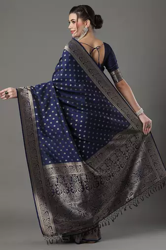 navy_blue woven design zari silk blend banarasi saree