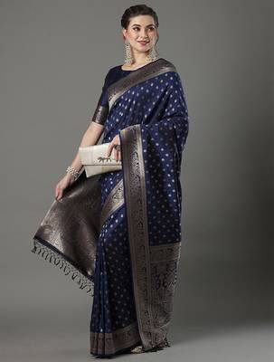 navy_blue woven design zari silk blend banarasi saree 4