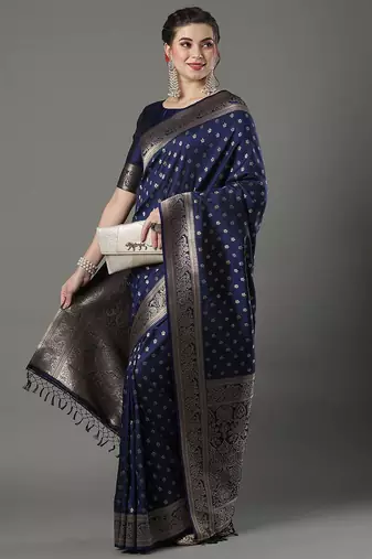 navy_blue woven design zari silk blend banarasi saree