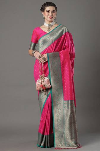Red red & green woven design zari silk blend saree