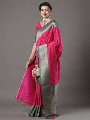 Red red & green woven design zari silk blend saree 2