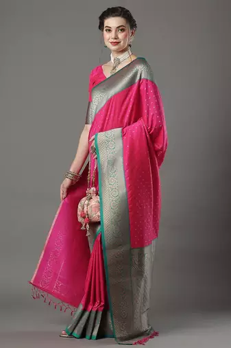 Red red & green woven design zari silk blend saree