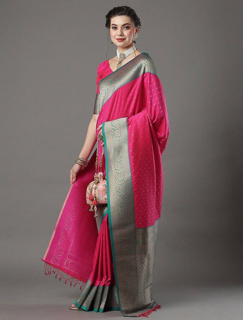 Red red & green woven design zari silk blend saree