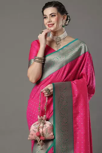 Red red & green woven design zari silk blend saree