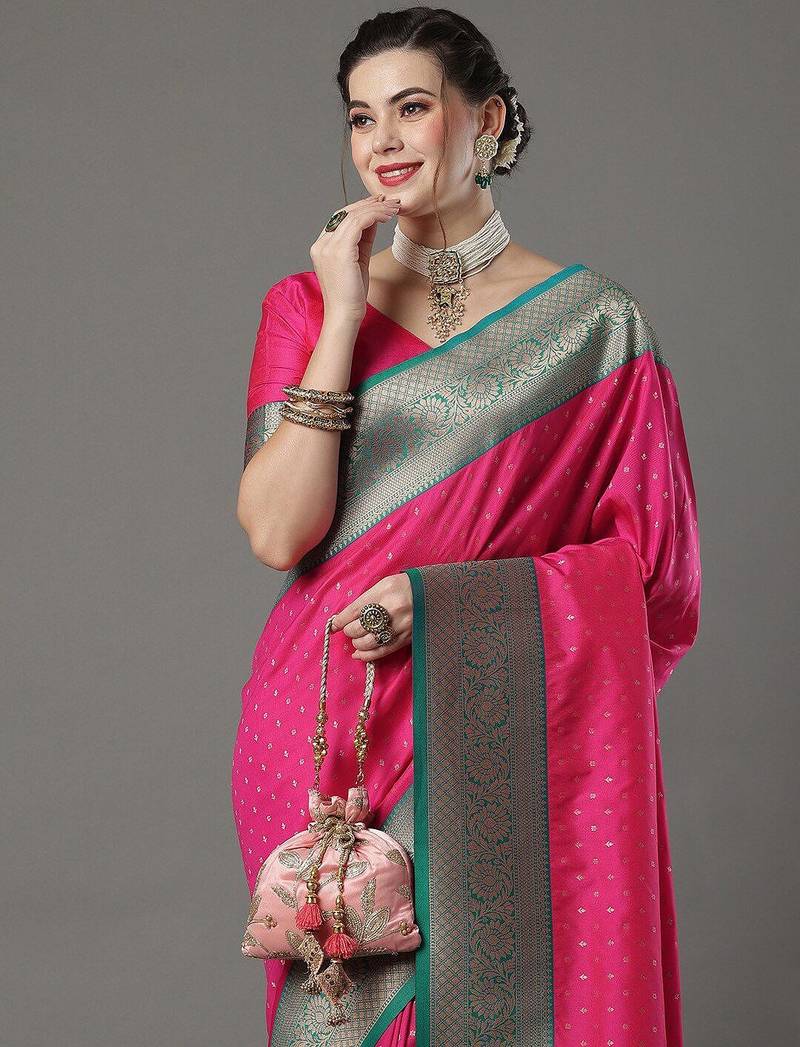 Red red & green woven design zari silk blend saree