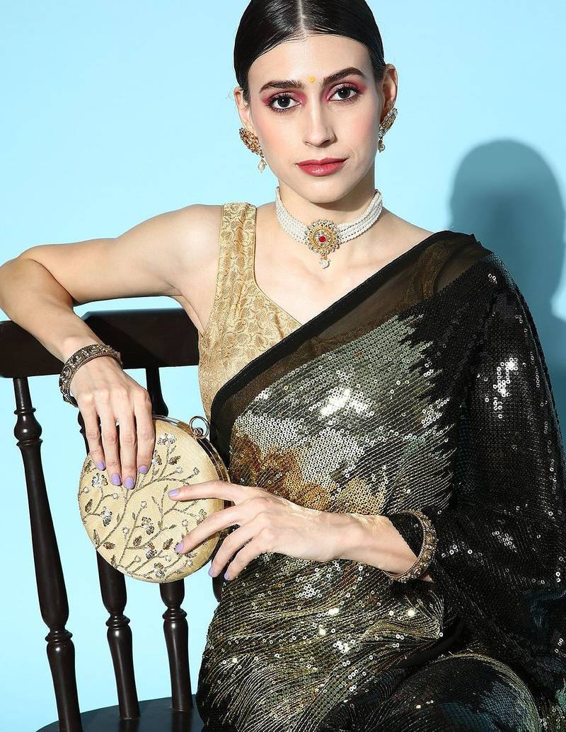 black black & golden embellished sequinned saree