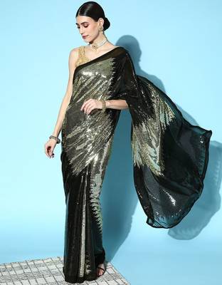 black black & golden embellished sequinned saree 2