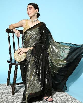 black black & golden embellished sequinned saree 3