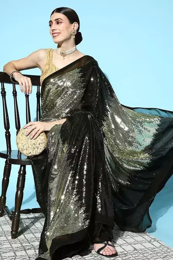 black black & golden embellished sequinned saree